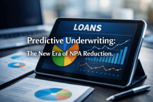 A professional fintech dashboard displaying real-time data analytics for NPA reduction and automated bank statement analysis on a tablet screen.