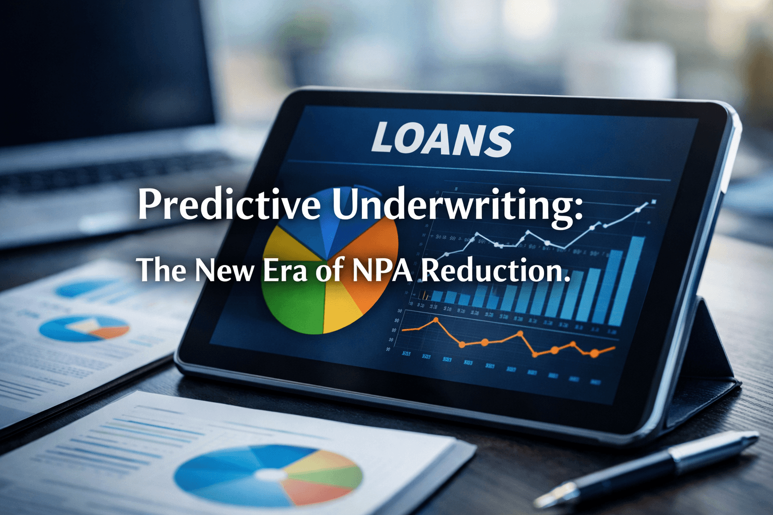 A professional fintech dashboard displaying real-time data analytics for NPA reduction and automated bank statement analysis on a tablet screen.