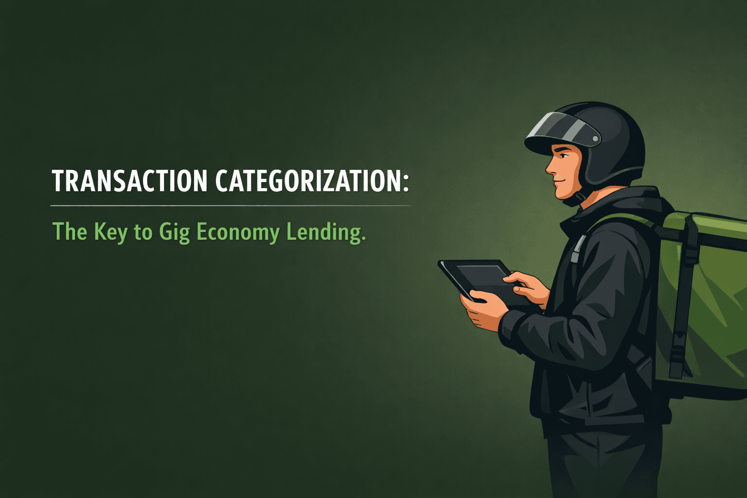 Minimalist digital illustration for transaction categorization featuring a gig economy delivery rider and the text 'Key to Gig economy lending' on a dark olive green background.