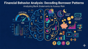 A split-brain infographic illustrating the difference between traditional credit metrics (left) and deep-tier financial behavior analysis (right) derived from bank statement data.