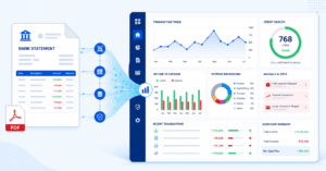 How to analyse bank statements &mdash; AI-powered bank statement analyser dashboard showing transaction categories, income verification, and credit risk metrics for NBFCs and lenders