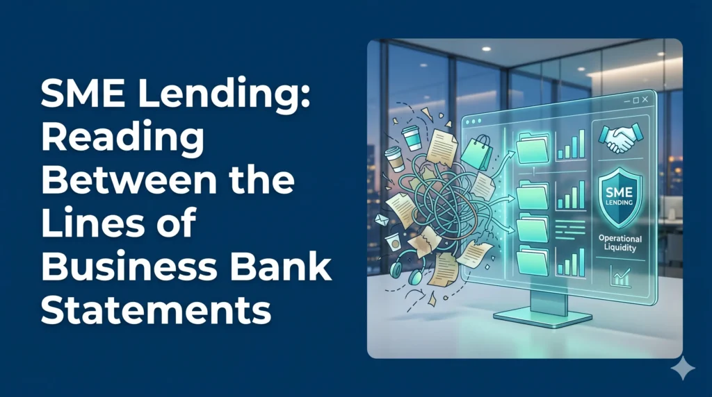 conceptual photo symbolizing a lender analyzing a business bank statement to assess eligibility for SME lending.