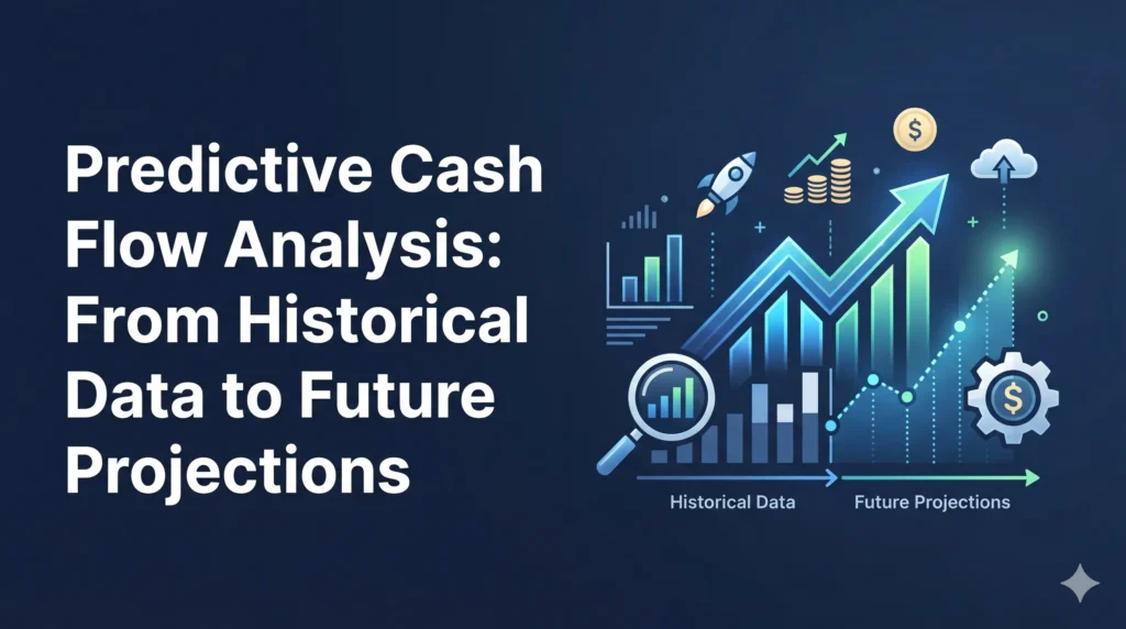 Predictive cash flow forecasting chart showing the transition from historical financial data to future growth projections on a dark blue background.