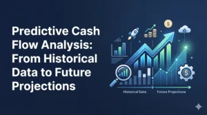 Predictive cash flow forecasting chart showing the transition from historical financial data to future growth projections on a dark blue background.
