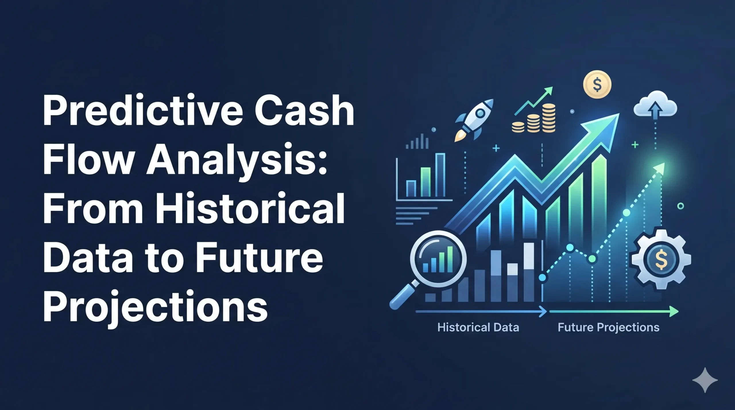 Predictive cash flow forecasting chart showing the transition from historical financial data to future growth projections on a dark blue background.